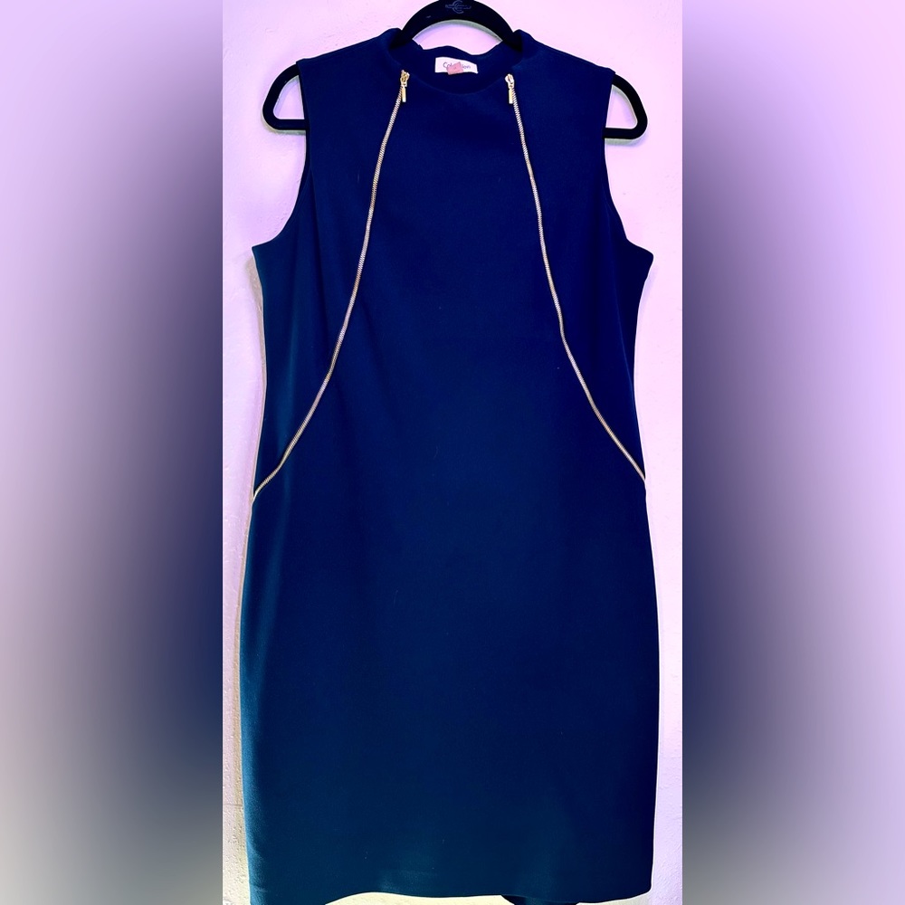 Calvin Klein Sheath Sleeveless Double Zipper Dress - Navy